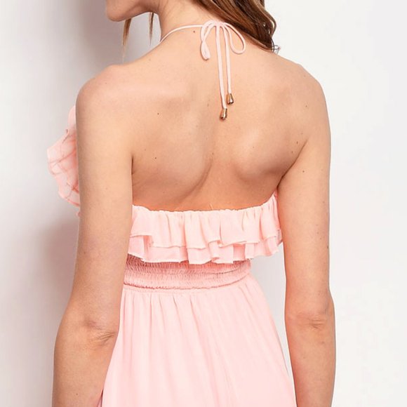 Bright Pink Chiffon Ruffle Halter Midi Maxi Dress - Picture 3 of 8